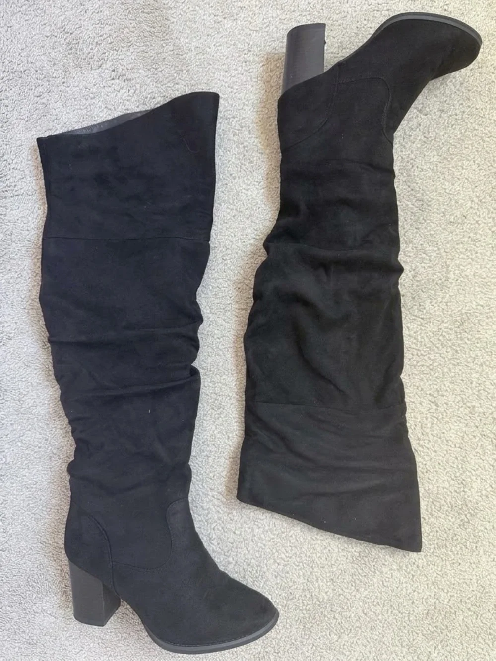 Black Suede Knee-High Block Heel Boots - Worn once